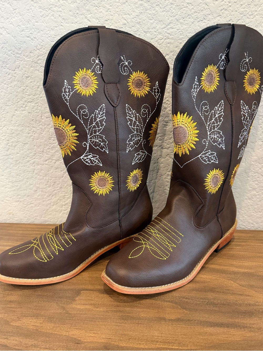 Women’s Brown Sunflower Embroidered Heeled Boots faux leather
